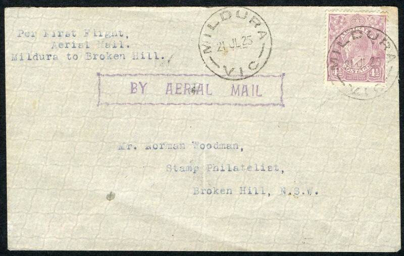 Australian Aerophilately - 21-22 July 1925 (AAMC.89a) Mildura - Broken Hill flown cover, carried by Australian Aerial Services on their first air mail flight; with arrival backstamp. Cat.$300