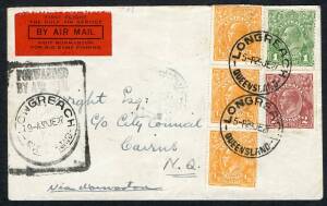 Australian Aerophilately - 1 July 1927 (AAMC.106) (Longreach) - Cloncurry - Normanton - (Cairns) flown cover bearing the rectangular "FORWARDED BY AIR MAIL" cachet in black and with the scarce "First Flight The Gulf AIr Service" vignette. Cat.$175+.