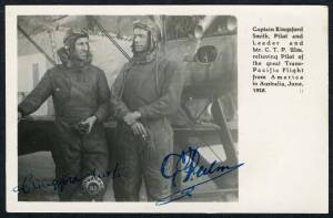 Australian Aerophilately - KINGSFORD SMITH'S 1928 FLIGHT ACROSS THE PACIFIC: Photo postcard issued for Radio Station 3LO in Melbourne, with printed signatures of Kingsford Smith and Ulm and the aviators photographed in front of the "Southern Cross".