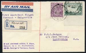 Australian Aerophilately - 2 June 1929 (AAMC.137a) Forrest - Kalgoorlie registered intermediate cover carried on this remote leg of the inaugural service by W.A. Airways, Ltd. The registration label completed in mss. Cat.$50++.