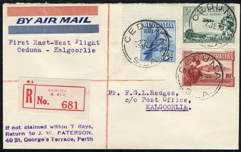 Australian Aerophilately - 2 June 1929 (AAMC.137a) Ceduna - Kalgoorlie registered intermediate cover carried on this remote leg of the inaugural service by W.A. Airways, Ltd. Cat.$50+.