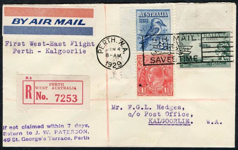 Australian Aerophilately - 4 June 1929 (AAMC.137a) Perth - Kalgoorlie registered intermediate cover carried on this remote leg of the inaugural service by W.A. Airways, Ltd. Cat.$50+.