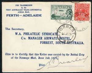 Australian Aerophilately - 2-4 June 1929 (AAMC.137a) Ceduna - Forrest intermediate flown cover, carried by W.A. Airways Ltd and signed by the pilot, Norman Brearley. 