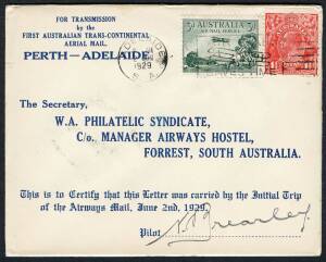 Australian Aerophilately - 2-4 June 1929 (AAMC.137a) Adelaide - Forrest intermediate flown cover, carried by W.A. Airways Ltd and signed by the pilot, Norman Brearley.&nbsp;