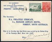 Australian Aerophilately - 2-4 June 1929 (AAMC.137a) Adelaide - Forrest intermediate flown cover, carried by W.A. Airways Ltd and signed by the pilot, Norman Brearley. 