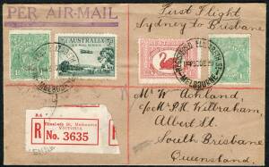 Australian Aerophilately - 1 Jan.1930 (AAMC.148) (Melbourne) - Sydney - Brisbane registered cover carried by Kingsford Smith & Allen for A,N.A. in the "Southern Cloud". This was the first airmail flight by the newly established company. Cat.$250++