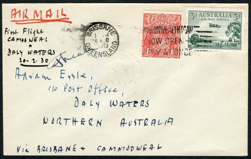 Australian Aerophilately - 19 Feb.1930 (AAMC.151) Camooweal - Daly Waters cover, flown and signed by the pilot, Frank Neale, for the inaugural flight by Australian Aerial Services. Cat.$300+. [Only 50 flown].