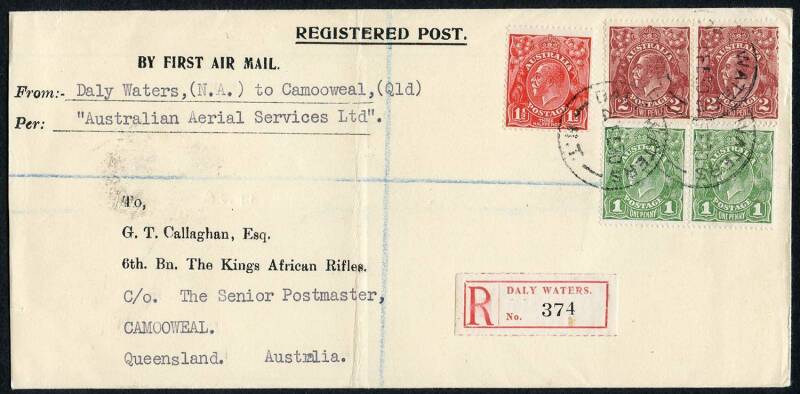 Australian Aerophilately - 19 Feb.1930 (AAMC.152) Daly Waters - Camooweal, registered cover carried by Australian Aerial Services on their new route. [Only 30 flown]. Cat.$350.