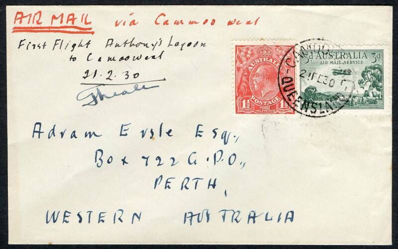 Australian Aerophilately - 19 Feb.1930 (AAMC.152a) Anthony's Lagoon - Camooweal flown cover carried by A.A.S. to link with the newly established Qantas service from Brisbane and signed by the pilot, Frank Neale. Cat.$400+.