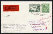 Australian Aerophilately - 31 Mar.1930 (AAMC.155) Brisbane - Townsville - (Cairns) flown cover carried by Queensland Air Navigation Co on their new service; with black on red airmail vignette and franking includes KGV 1d Green with "Ferns" variety. Cat.$1