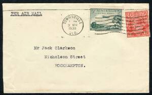 Australian Aerophilately - 31 Mar. 1930 (AAMC.156a) Townsville - Rockhampton flown intermediate cover carried by Queensland Air Navigation Co on their new service. Cat.from $150.