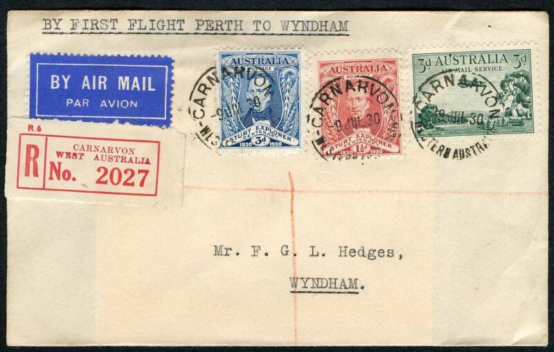 Australian Aerophilately - 14-20 July 1930 (AAMC.165a) Carnarvon - Wyndham, registered cover flown by Western Australia Airways on the extension to Wyndham, of their Perth - Derby route. The pilot was Norman Brearley. Cat.$100+.