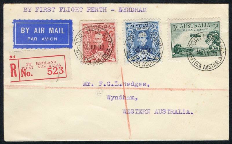 Australian Aerophilately - 14-20 July 1930 (AAMC.165a) Port Hedland - Wyndham, registered cover flown by Western Australia Airways on the extension to Wyndham, of their Perth - Derby route. The pilot was Norman Brearley. Cat.$100+.