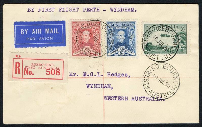 Australian Aerophilately - 14-20 July 1930 (AAMC.165a) Roebourne - Wyndham, registered cover flown by Western Australia Airways on the extension to Wyndham, of their Perth - Derby route. The pilot was Norman Brearley. Cat.$100+.