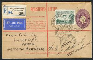 Australian Aerophilately - 13-20 July 1930 (AAMC.165a) Fitzroy Crossing - Perth, 4½d Registered Envelope (+3d) flown by Western Australia Airways on the extension to Wyndham, of their Perth - Derby route. The pilot was Norman Brearley. Cat.$100+.