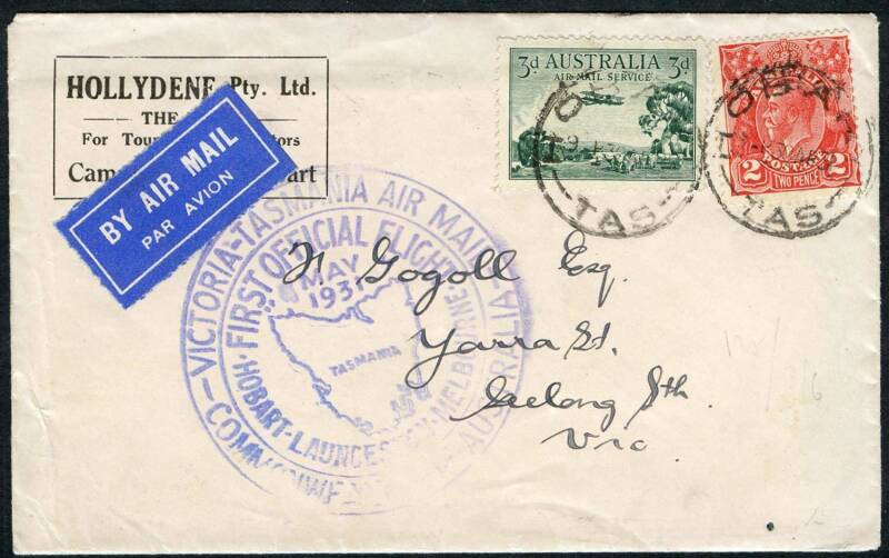 Australian Aerophilately - 1 May 1931 (AAMC.197) Hobart - Melbourne flown cover, carried by ANA Ltd on their inaugural air mail service; addressed to GEELONG. With original enclosure.