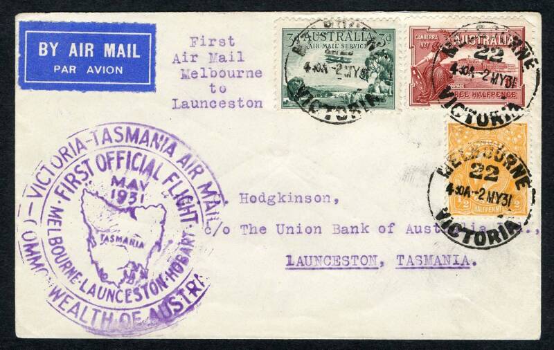 Australian Aerophilately - 2 May 1931 (AAMC.198a) Melbourne - Launceston flown cover, carried by ANA Ltd on their inaugural air mail service.