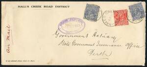 Australian Aerophilately - June 1933 usage of KGV 3d Blues (2) + 2d Red on double-weight airmail cover from HALL'S CREEK to Perth.