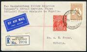 Australian Aerophilately - 23 Feb.1934 (AAMC.363a) Adelaide - Whyalla registered cover flown on the inaugural service by MacRobertson-Miller Aviation Co. Franking includes 6d Roo.