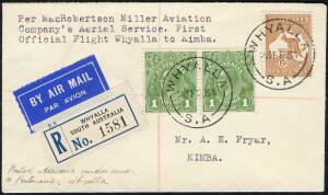 Australian Aerophilately - 23 Feb.1934 (AAMC.363a) Whyalla - Kimba registered cover flown on the inaugural service by MacRobertson-Miller Aviation Co. Franking includes 6d Roo.