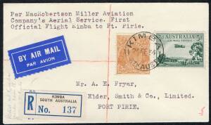 Australian Aerophilately - 23 Feb.1934 (AAMC.363a) Kimba - Port Pirie registered cover, flown by the MacRobertson-Miller Aviation Co on their inaugural service. Pilot was H.C. Miller and fewer than 20 items were carried to/from each intermediate according