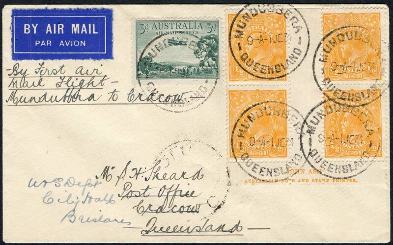 Australian Aerophilately - 2 June 1934 (AAMC.384) Mundubbera - Cracow flown cover, carried on the inaugural service by Aircrafts Pty Ltd. Franking includes a complete and very fine ½d Orange KGV, Small Multi wmk Ash Imprint blk.4 with variety "Break in up