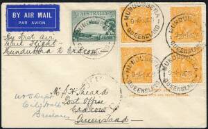 Australian Aerophilately - 2 June 1934 (AAMC.384) Mundubbera - Cracow flown cover, carried on the inaugural service by Aircrafts Pty Ltd. Franking includes a complete and very fine &frac12;d Orange KGV, Small Multi wmk Ash Imprint blk.4 with variety "Break in up