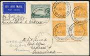 Australian Aerophilately - 2 June 1934 (AAMC.384) Mundubbera - Cracow flown cover, carried on the inaugural service by Aircrafts Pty Ltd. Franking includes a complete and very fine ½d Orange KGV, Small Multi wmk Ash Imprint blk.4 with variety "Break in up