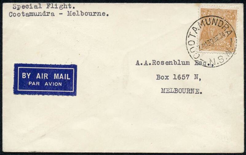 Australian Aerophilately - 22 Dec.1934 (AAMC.482) Cootamundra - Melbourne flown cover, carried on the new service by Butler Air Transport. With arrival backstamp & Airmail Society guarantee. Cat.$300. [Only 20 covers flown].