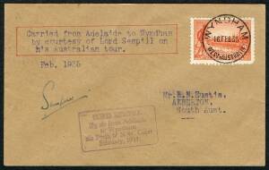 Australian Aerophilately - Feb.1935 (AAMC.487d) Adelaide - Wydnham flown cover, carried and signed by Lord Sempill at the beginning of his return flight to England in his DH80 Puss Moth. With cachet in violet, typed admonition and a very good signature. [