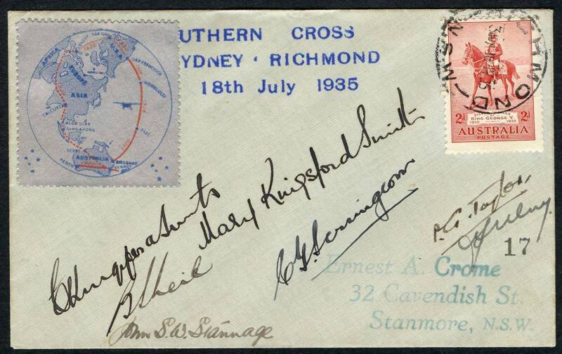 Australian Aerophilately - THE LAST FLIGHT OF THE "SOUTHERN CROSS"18 July 1935 (AAMC.515) cover #17 bearing the special vignette and signed by all 7 aboard this historic short flight from Mascot to Richmond; the pilots, Charles Kingsford Smith and P.G.Tay