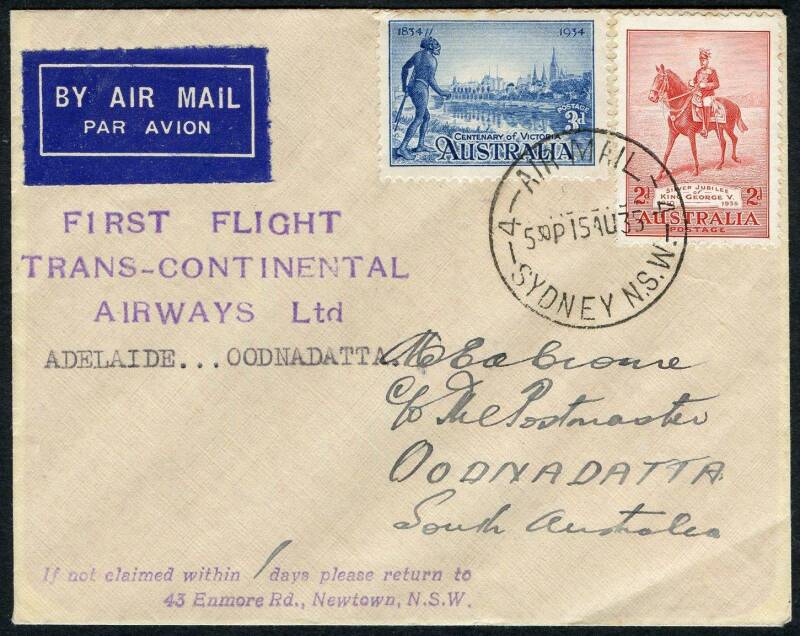 Australian Aerophilately - 19 Aug.1935 (AAMC.523a) Adelaide - Oodnadatta flown cover, carried by Australian Transcontinental Airways on their opening flights to and from Darwin. [1 of 102 to Oodnadatta].