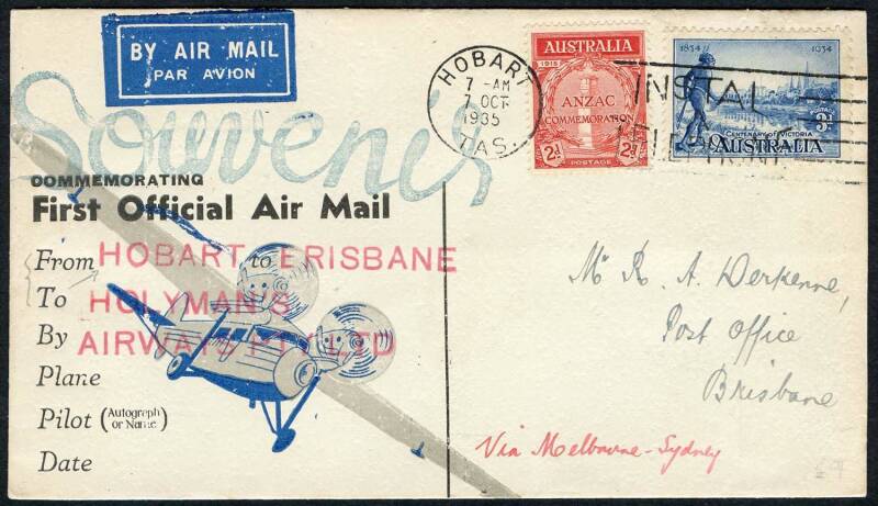 Australian Aerophilately - 7 Oct.1935 (AAMC.536) Hobart - Melbourne - Canberra - Sydney - Brisbane flown cover, carried on the inaugural Holymans Airways flight from Melbourne to Sydney.
