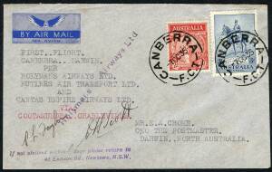 Australian Aerophilately - 7 Oct.1935 (AAMC.537a) Canberra - Sydney flown cover carried by Holymans Airways on their inaugural flight. Then flown via Cootamundra and Charleville to DARWIN (arrival b/s) by Butlers and Qantas. Signed by the Holyman pilots, 
