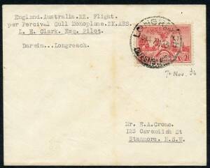Australian Aerophilately - 7 Nov.1936 (AAMC.645) Darwin - Longreach flown cover, carried and signed (on reverse) by L.E.Clark in his Percival Gull. This was a short internal leg on his epic journey from England to New Zealand via Australia. Only 8 covers 