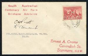 THE BRISBANE - ADELAIDE AIR RACE of DECEMBER 1936:&nbsp;16-18 Dec.1936 (AAMC.666) Flown cover, carried and signed by C.D. Pratt and R.T. Vincent, entrants No.35 who flew a Klemm Eagle Monoplane. [One of only 18 covers carried]. Cat.$275