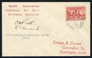 THE BRISBANE - ADELAIDE AIR RACE of DECEMBER 1936: 16-18 Dec.1936 (AAMC.666) Flown cover, carried and signed by C.D. Pratt and R.T. Vincent, entrants No.35 who flew a Klemm Eagle Monoplane. [One of only 18 covers carried]. Cat.$275