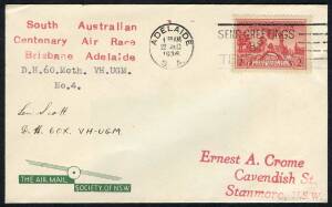 Australian Aerophilately - THE BRISBANE - ADELAIDE AIR RACE of DECEMBER 193616-18 Dec.1936 (AAMC.667) Flown cover, carried and signed by J. Len Scott,, entrant No.4 who flew a DH60 Moth. [One of only 18 covers carried]. Cat.$275