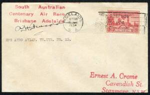 Australian Aerophilately - THE BRISBANE - ADELAIDE AIR RACE of DECEMBER 193616-18 Dec.1936 (AAMC.675) Flown cover, carried and signed by A.H. Tweedle, entrant No.23 who flew an Avro Avian "Gannett". [One of only 18 covers carried]. Cat.$275