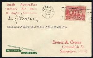 Australian Aerophilately - THE BRISBANE - ADELAIDE AIR RACE of DECEMBER 193616-18 Dec.1936 (AAMC.679) Flown cover, carried and signed by Miss Ivy May Pearce, entrant No.45 who flew a Monospar "Captain Phillip". [One of only 18 covers carried]. Cat.$275. 