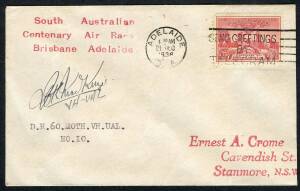 Australian Aerophilately - THE BRISBANE - ADELAIDE AIR RACE of DECEMBER 193616-18 Dec.1936 (AAMC.680) Flown cover, carried and signed by J.C.K. MacKenzie, entrant No.10, who flew a DH60 Gipsy Moth. [One of only 14 covers carried]. Cat.$275.