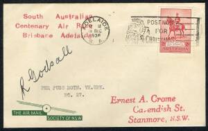 Australian Aerophilately - THE BRISBANE - ADELAIDE AIR RACE of DECEMBER 193616-18 Dec.1936 (AAMC.683) Flown cover, carried and signed by R. Godsall, entrant No.27 who flew a DH80A Puss Moth. [One of only 12 covers carried]. Cat.$300.