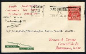 Australian Aerophilately - THE BRISBANE - ADELAIDE AIR RACE of DECEMBER 193616-18 Dec.1936 (AAMC.688) Flown cover, carried and signed by Miss Freda Thompson, entrant No.14, who flew a DH60G Moth "Christopher Robin". [One of only 18 covers carried]. Cat.$2