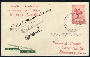 Australian Aerophilately - THE BRISBANE - ADELAIDE AIR RACE of DECEMBER 193616-18 Dec.1936 (AAMC.690) Flown cover, carried and signed by B.W. Monk, D. Litchfield & W. ScottMaddocks, entrants No.22 who flew a DH9 Puma. [One of only 9 covers carried]. Cat.$