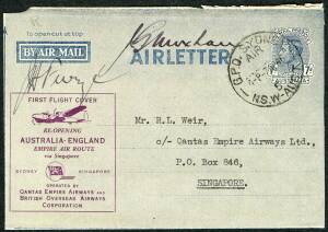 Australian Aerophilately - 7 April 1946 (AAMC.1036a) Sydney - Singapore flown 7d Airletter with special overprint in purple; and signed by the pilots, Furze & Moxham; arrival b/stamp. Scarce and very fine condition. Cat.$200.