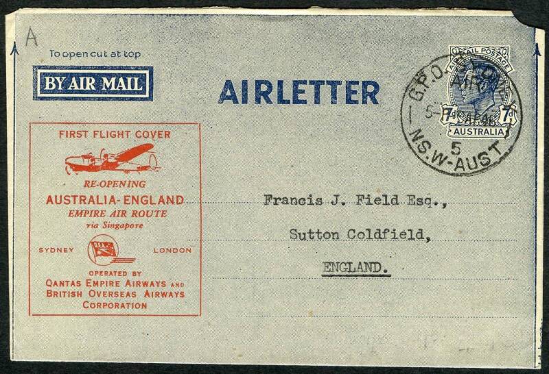 Australian Aerophilately - 9 April 1946 (AAMC.1038a) Australia - England flown 7d Airletter with special overprint in red. Superb condition. Cat.$225.