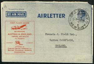 Australian Aerophilately - 9 April 1946 (AAMC.1038a) Australia - England flown 7d Airletter with special overprint in red. Superb condition. Cat.$225.