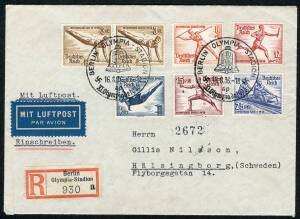 Postal History (Germany) - BERLIN OLYMPICS: Aug.1936 registered airmail cover from the OLYMPIC STADIUM, BERLIN to SWEDEN, with MALMO b/stamp. [Sent during the Olympic Games].