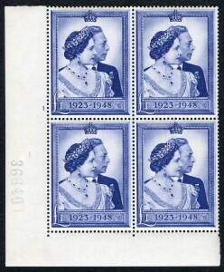 Great Britain - 1948 (SG.494) Silver Wedding £1 corner block of 4 with Control Number '1', excellent centring, together with the 2½d in a corner block of 4. (8). Superb.