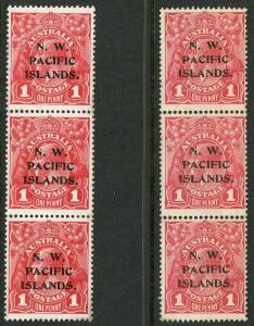 New Guinea - 1915-16 (SG.67) KGV 1d Red (2 shades) in a,b,c, overprint type vertical strips of 3. Unused; no gum. (6)